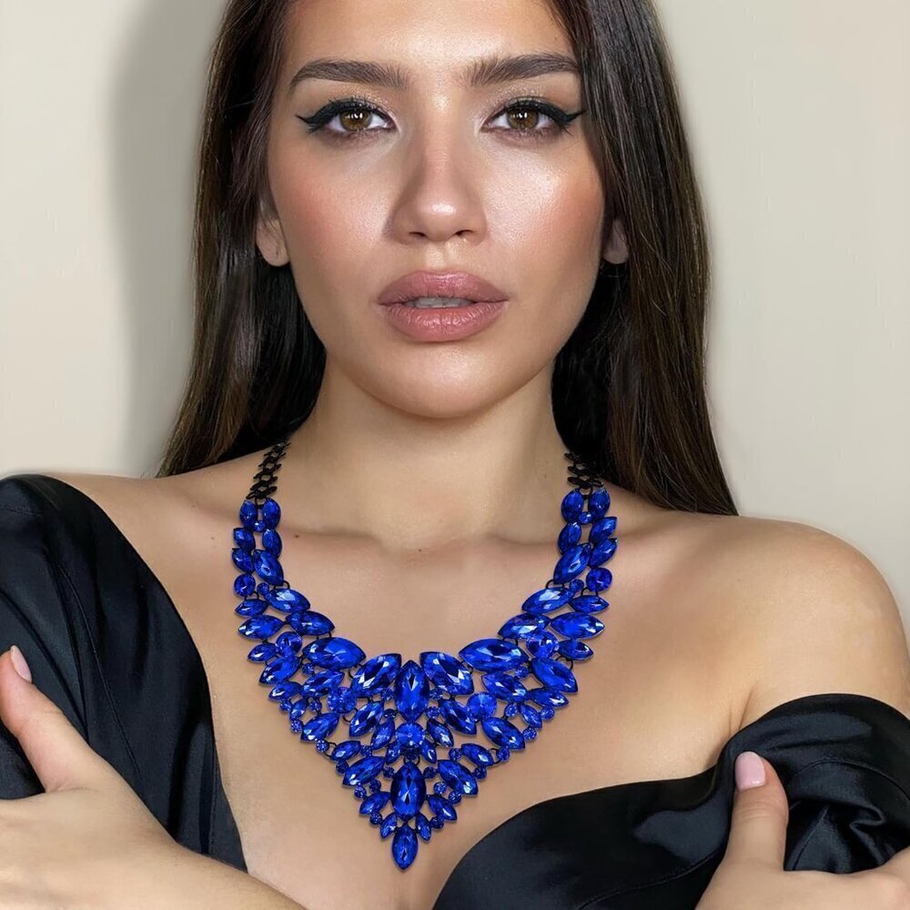 🆕 Women Blue Rhinestone Chunky Bib Collar Necklace Crystal Costume Jewelry Gift - Picture 6 of 8